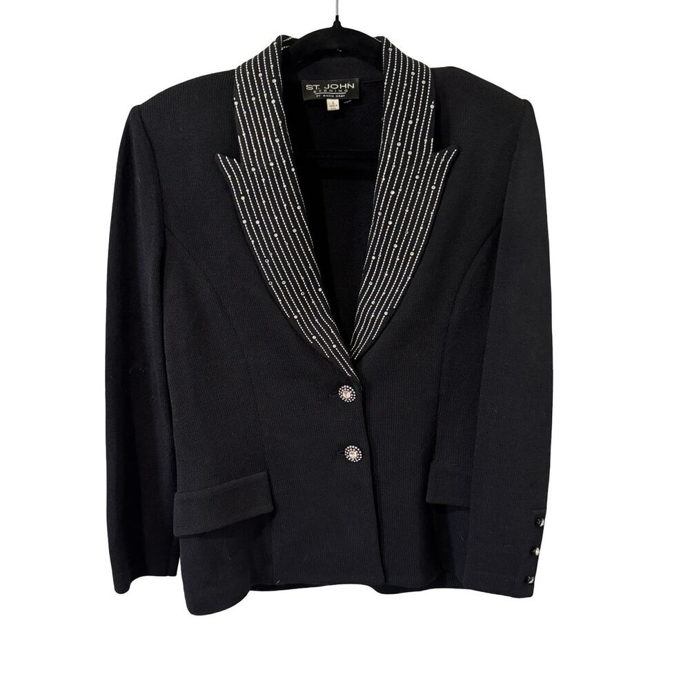 St. John Evening Rhinestone Collar Knit Blazer Jacket Black Size 6